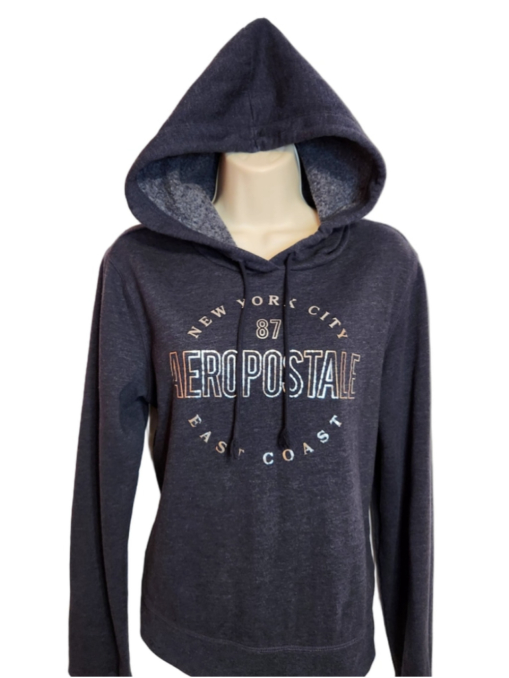Aeropostale Comfy Fleece SIlver Graphic Navy Pullover Hoodie Sweatshirt Medium - Picture 2 of 7
